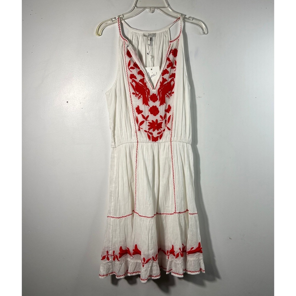 Joie Clemency Embroidered V Neck Boho Dress Lined White Red XS Sleeveless NWT